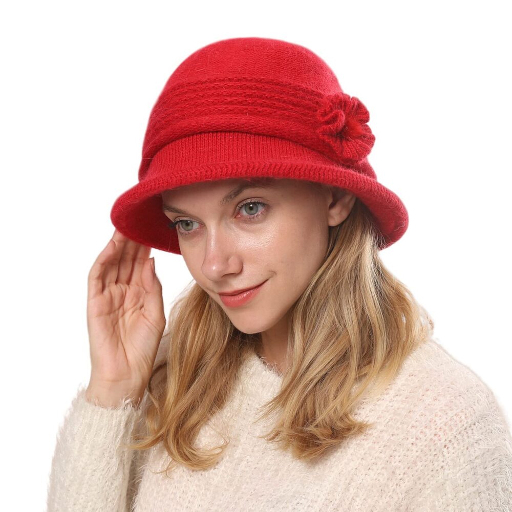 2196 Winter Warm Knitted Cloche Hat Vintage Church Bucket Hat with Flower
